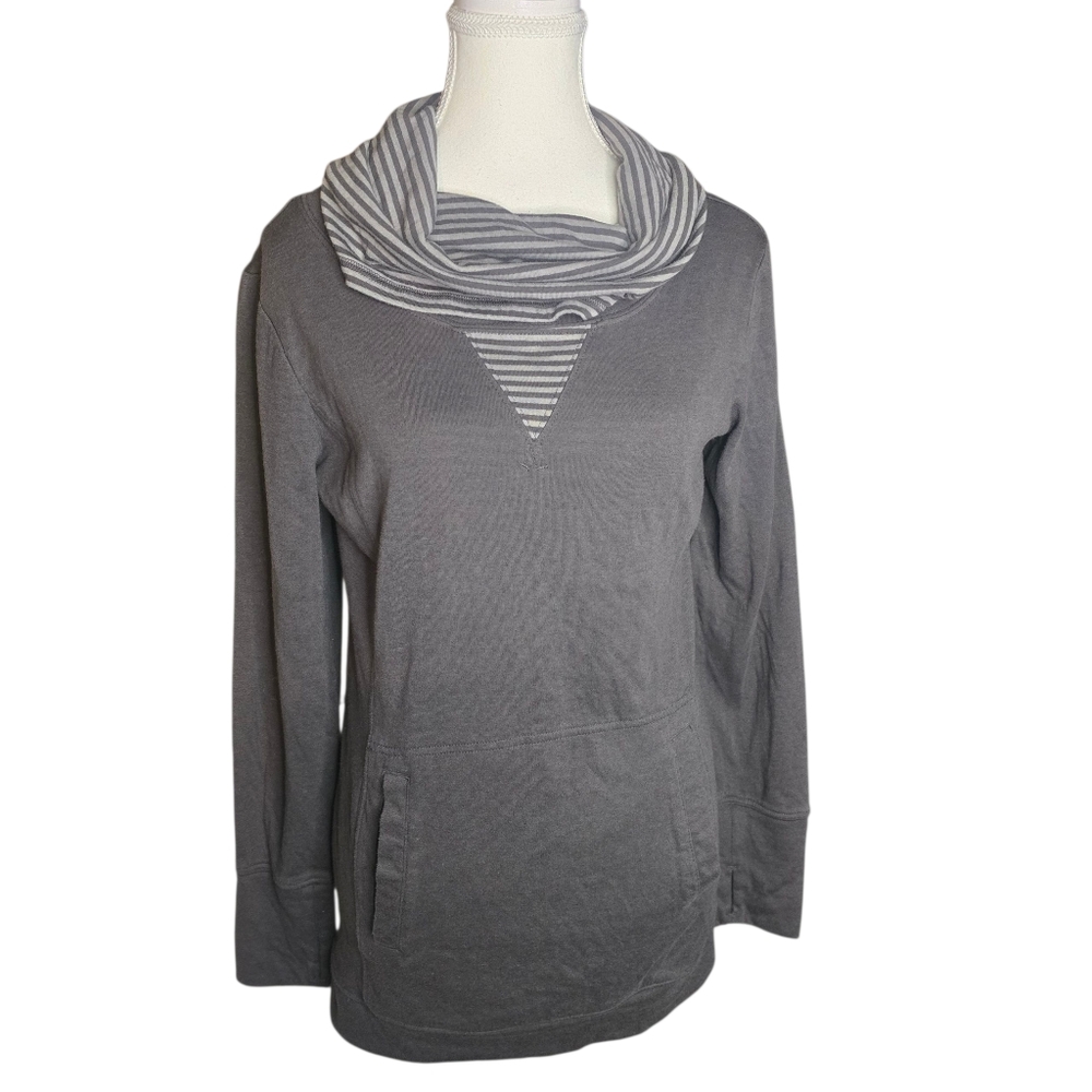 REI Gray Striped Cowl Neck Pullover Sweatshirt With Pockets And Thumb Holes Sm.